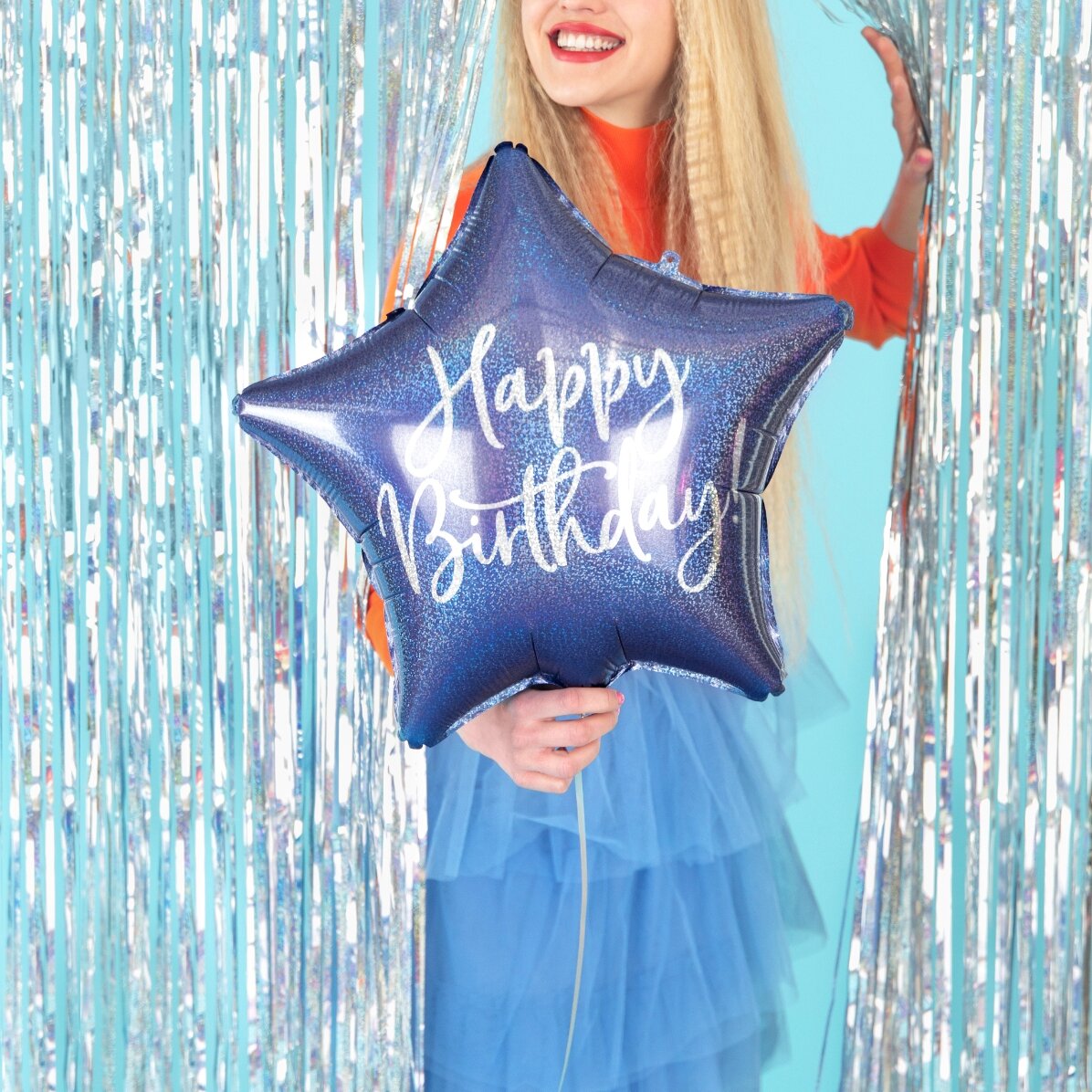 Balónek – modrá hvězda „Happy Birthday“