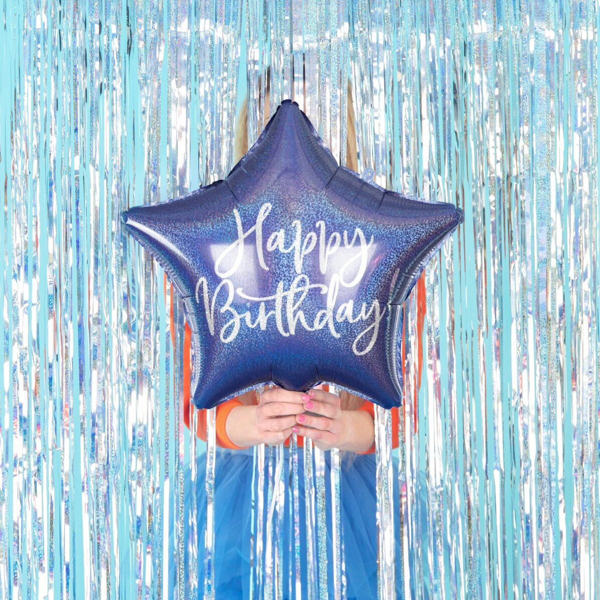 Balónek – modrá hvězda „Happy Birthday“