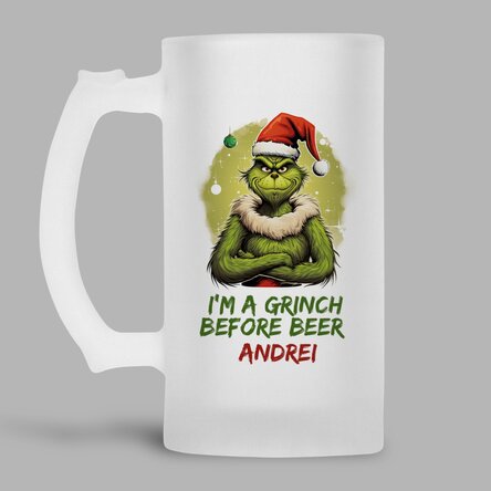 Pivní půllitr s vlastním nápisem – Grinch before beer
