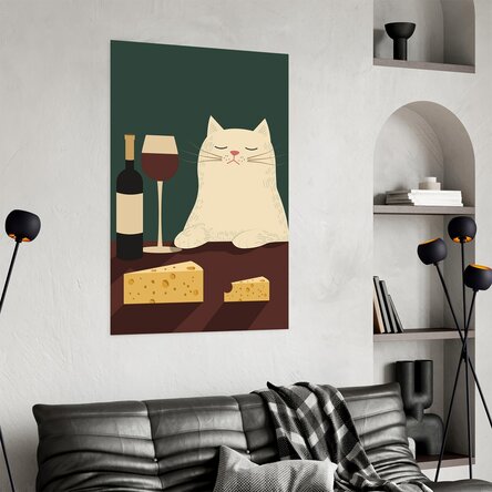 Poster Cat, wine and cheese