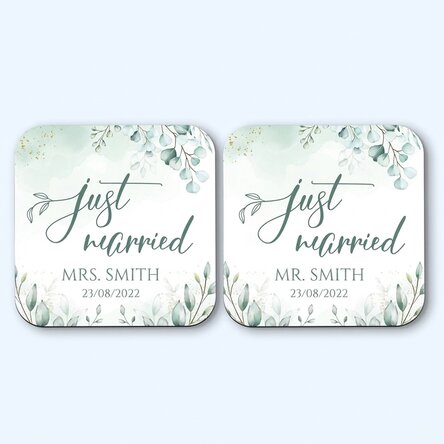 Sada 2 podtácků s vlastním textem – Just Married Elegance
