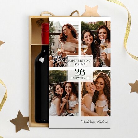 Krabička na víno pro 2 láhve s 4 fotografiemi a textem – Vše nejlepší k narozeninám