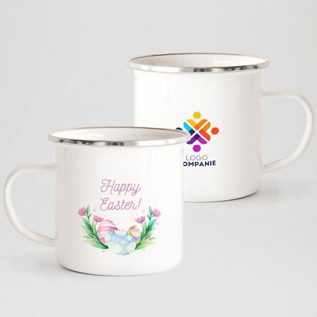 Personalised enamel metal mug with logo and text - Happy Easter!