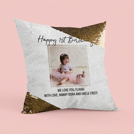 Personalizovaný polštář s fotografií a textem – Happy Birthday – zlaté flitry