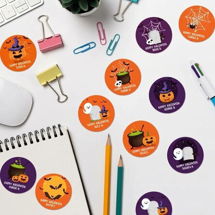 Sada 12 kulatých samolepek (samolepicích štítků) s vlastním textem – Halloween