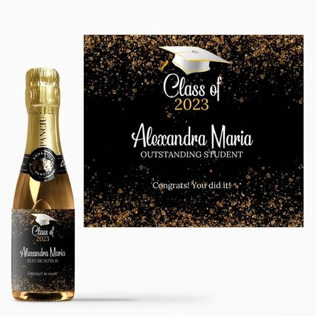 Malá lahvička šumivého vína k promoci s osobním nápisem – „Outstanding student“
