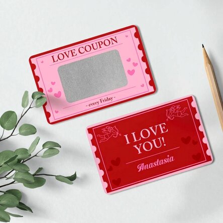 Personalizovaná oboustranná škrábací hliníková karta s vzkazem – Love Coupon