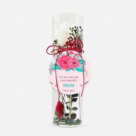Skleněná dekorace s konzervovanými květinami, personalizovaná textem – Flowers