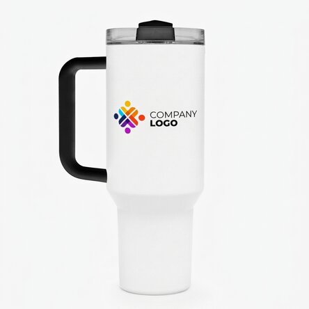 Thermos mug with handle and straw, customised with logo