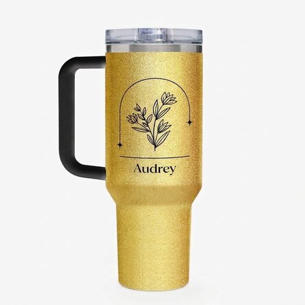Thermos mug with handle and straw, personalised with name - Flower