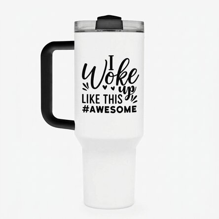Termoska s uchem a brčkem, s vlastním nápisem – „Woke up like this“