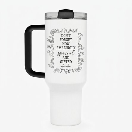 Thermos mug with handle and straw, personalised with text - Flower frame