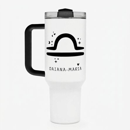 Thermos mug with handle and straw, personalised with text - Libra Zodiac Sign