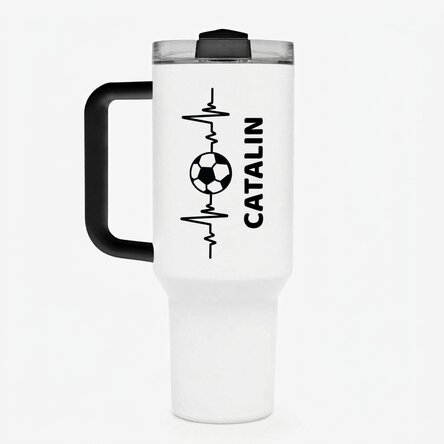 Thermos mug with handle and straw, personalised with name - Football lover