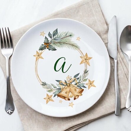 Personalised plate with initial - Golden Christmas Bells