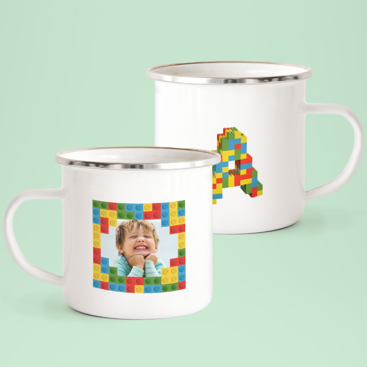 Smaltovaná hrnek s vlastní fotografií a iniciálou – Lego