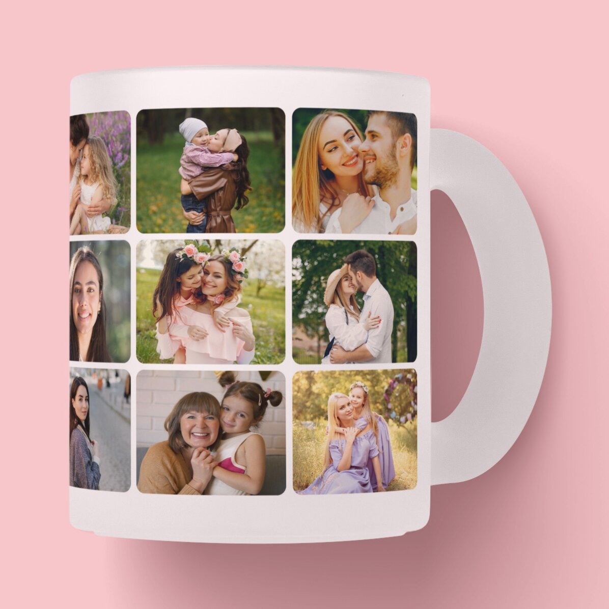 Skleněný matný hrnek s personalizovanou koláží z 18 fotografií