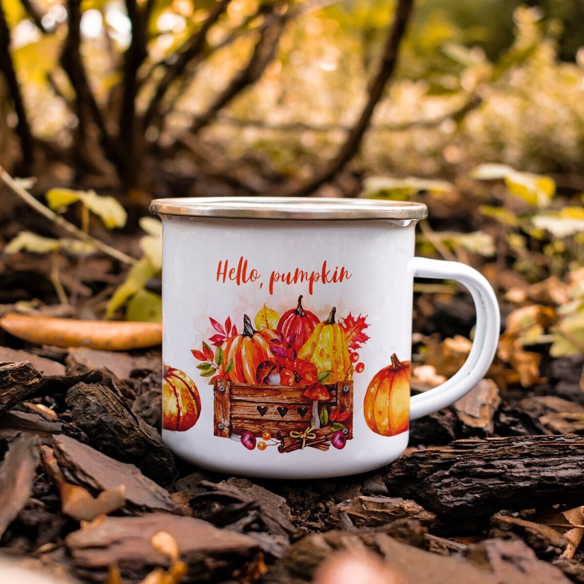 Smaltovaná kovová konvice s nápisem – Hello, pumpkin
