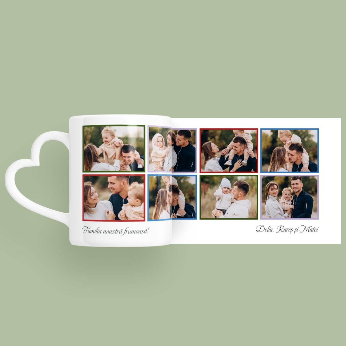 Personalizovaný hrnek s 8 fotografiemi a textem – model s uchem ve tvaru srdce