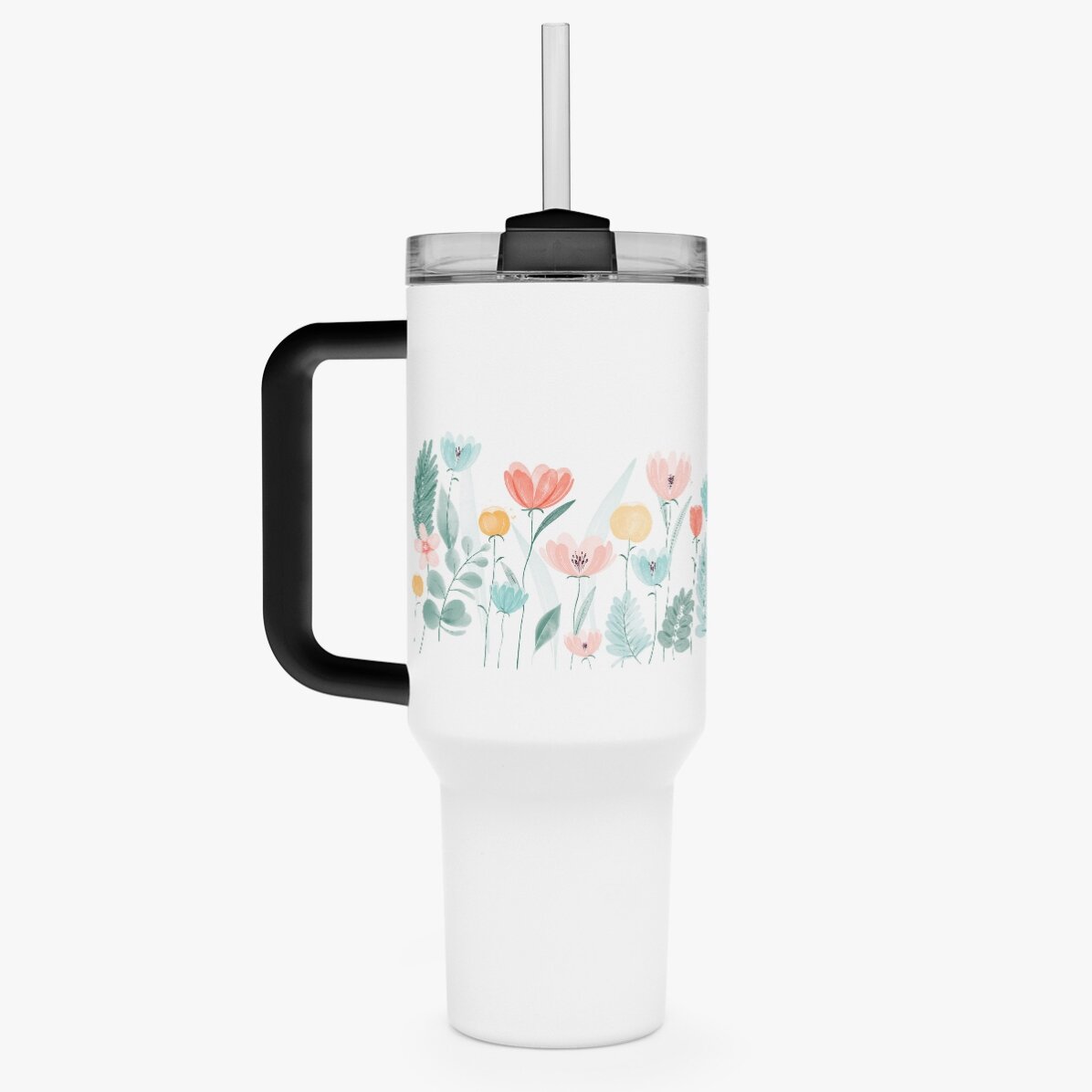 Thermos mug with handle and straw, personalised with name - Flowers