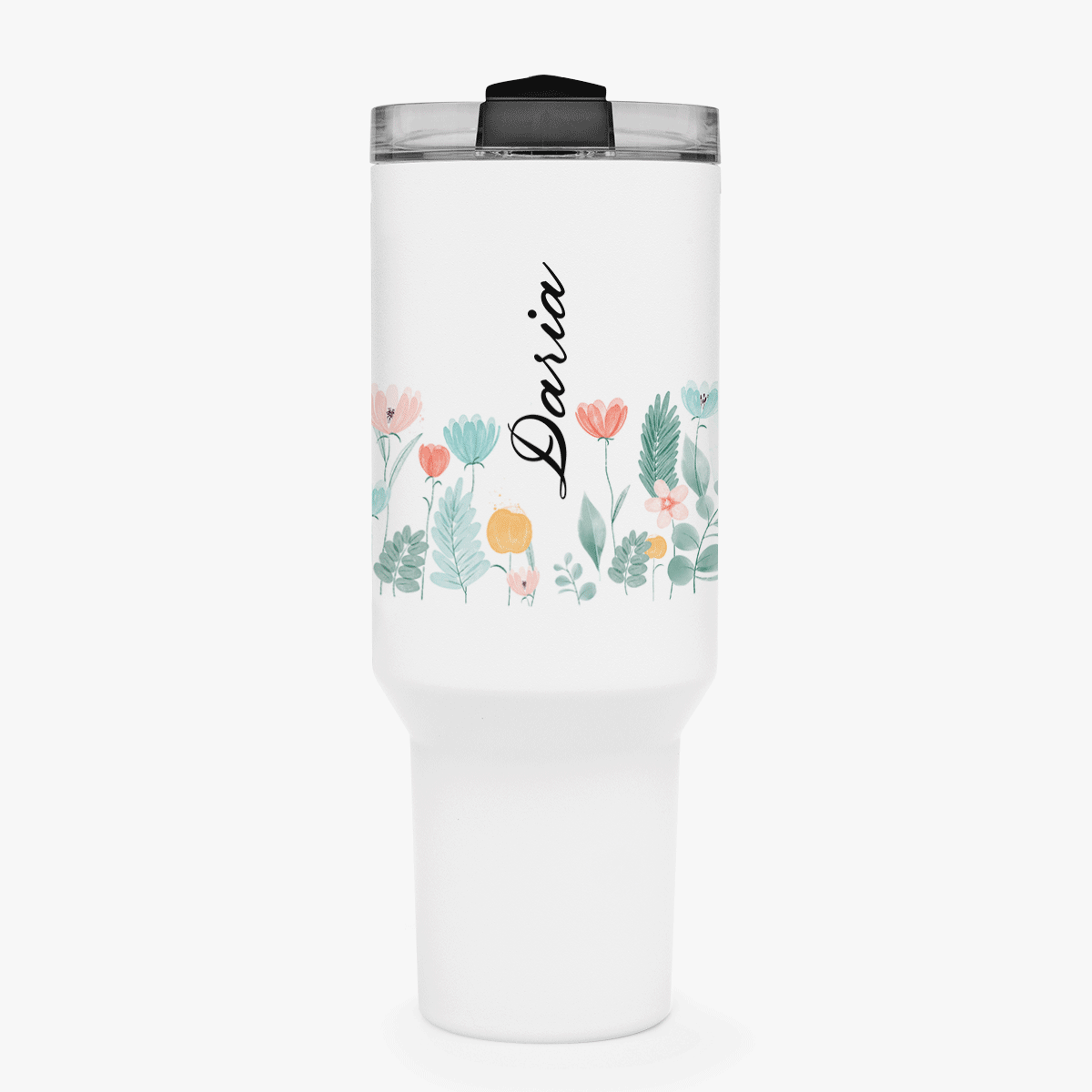 Thermos mug with handle and straw, personalised with name - Flowers