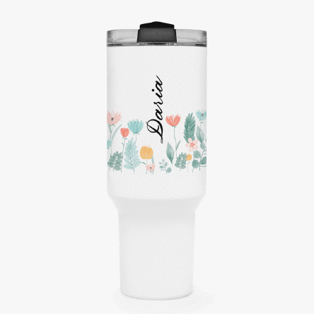 Thermos mug with handle and straw, personalised with name - Flowers
