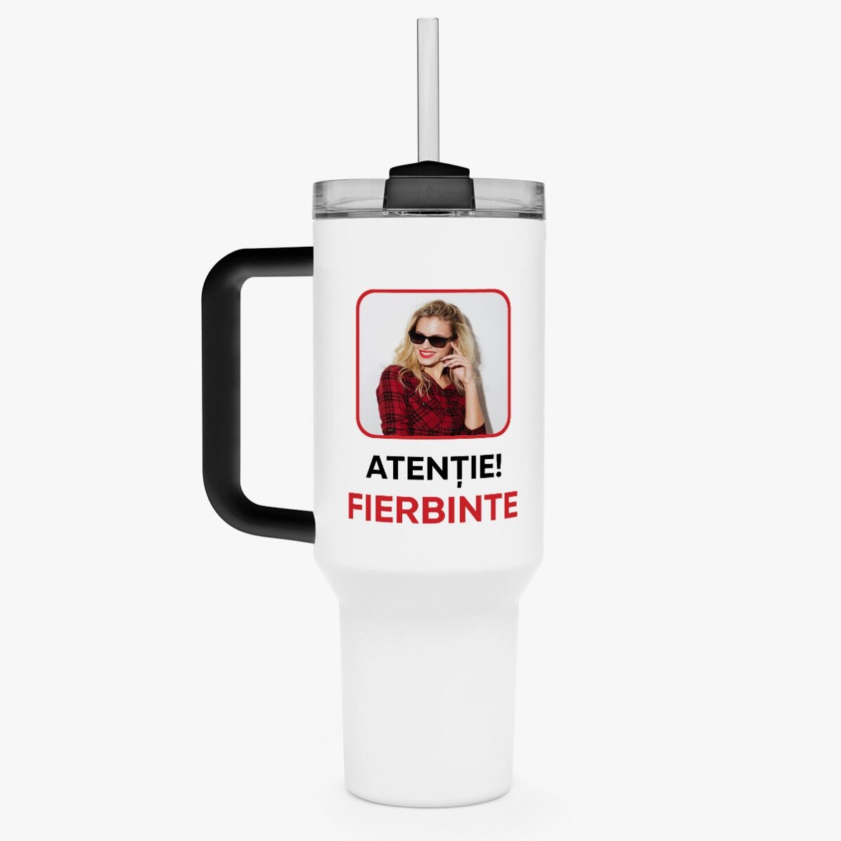 Termoska s uchem a brčkem, personalizovaná fotografií a textem – Fierbinte
