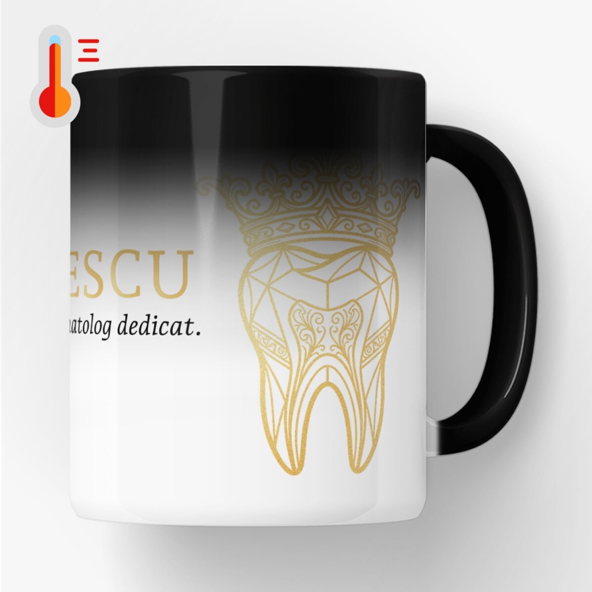Termocitlivý hrnek s vlastním textem – Golden Dentist