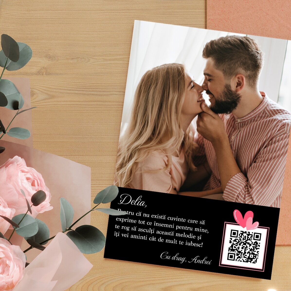 Personalizovaná karta s fotografií, textem a QR kódem – Love
