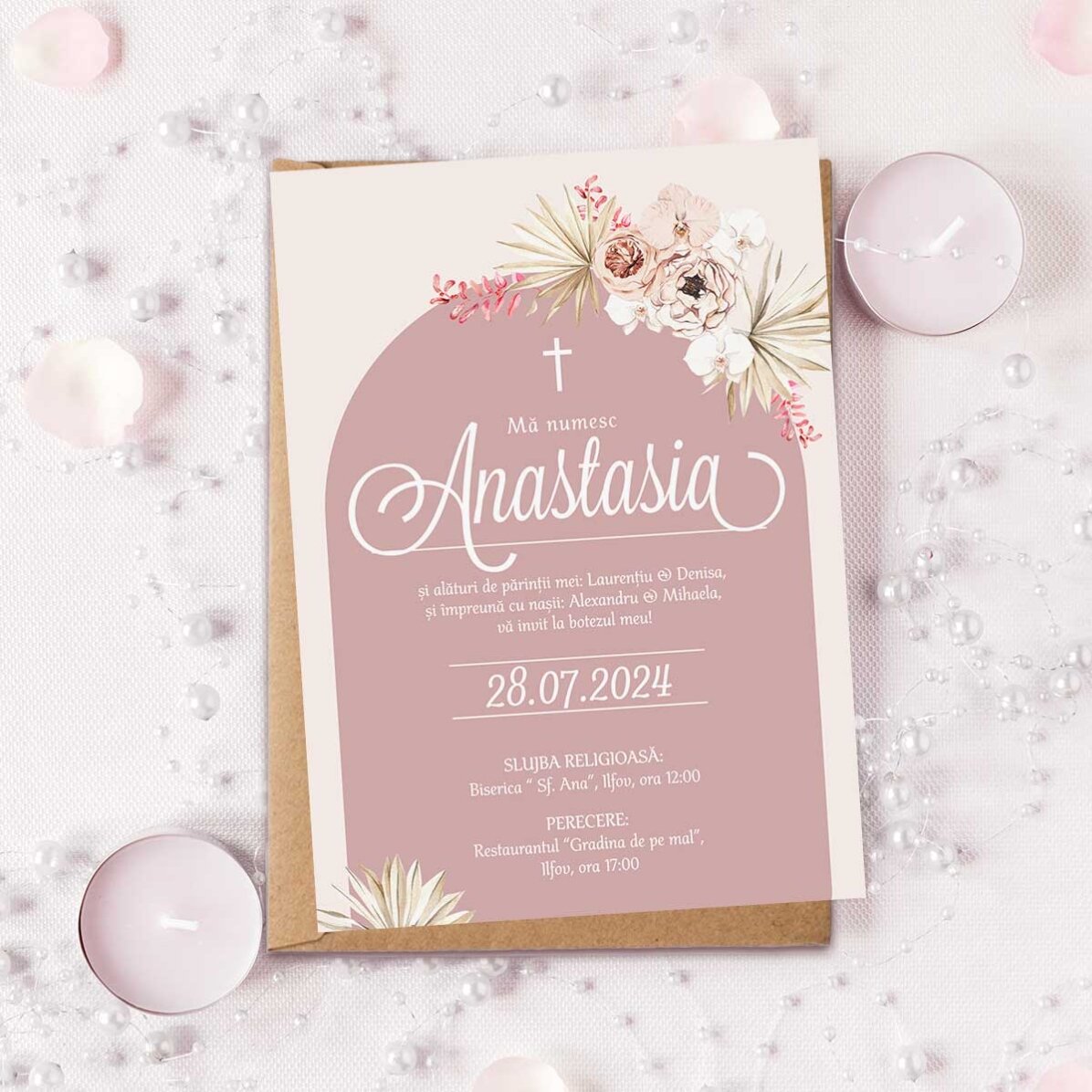 Personalizovaná kartička s textem – Pozvánka na křest – Pink Elegance