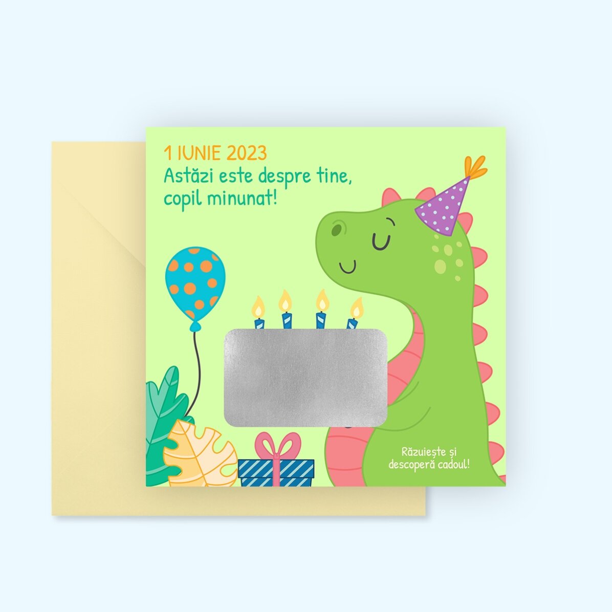 Personalizovaná stírací kartička s vzkazem pro děti – Dino