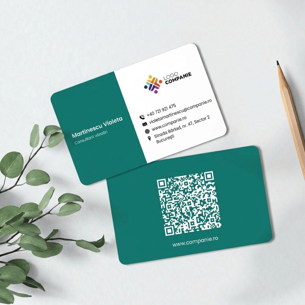 Personalizovaná hliníková vizitka, design s barevným pruhem, logem a QR kódem