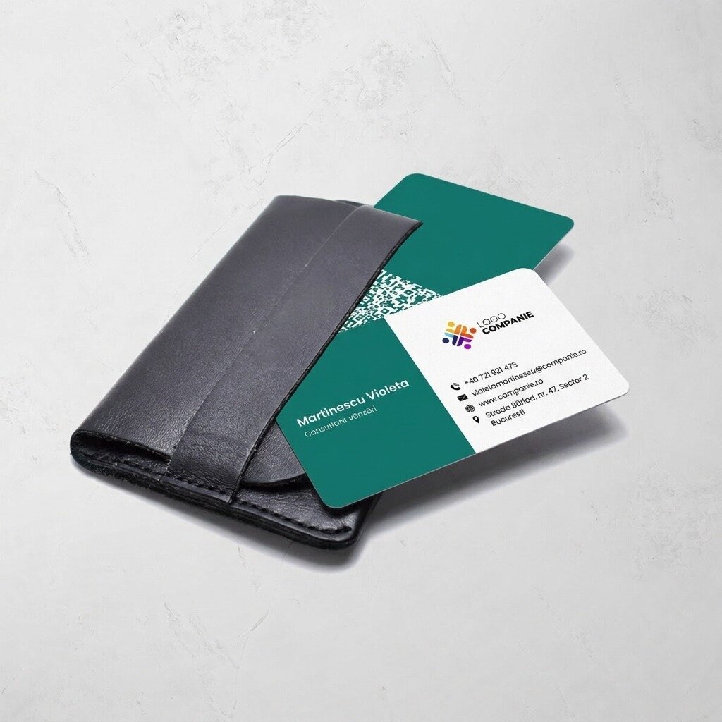 Personalizovaná hliníková vizitka, design s barevným pruhem, logem a QR kódem