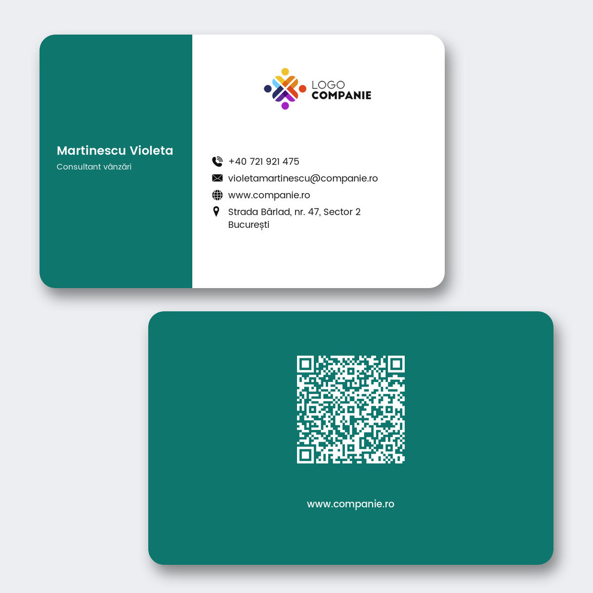 Personalizovaná hliníková vizitka, design s barevným pruhem, logem a QR kódem