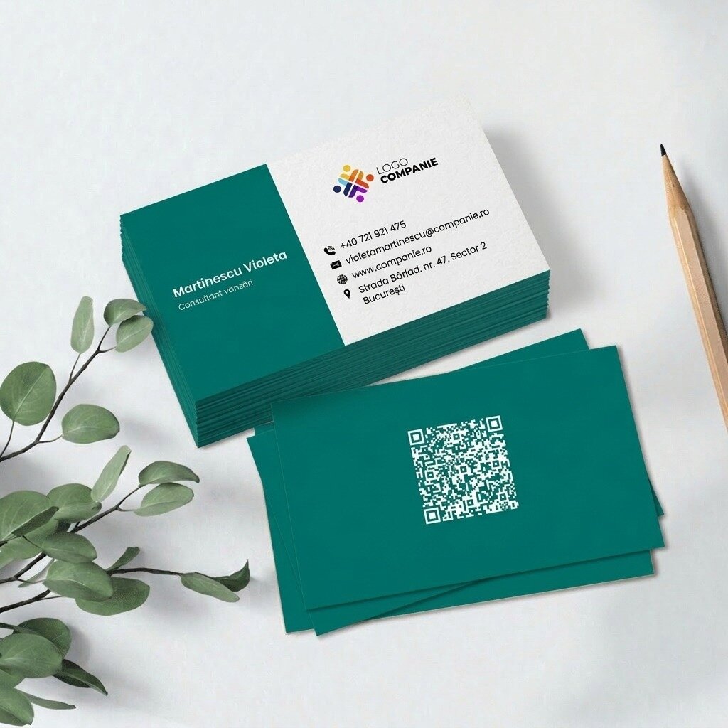 Personalizované papírové vizitky, design s barevným pruhem, logem a QR kódem