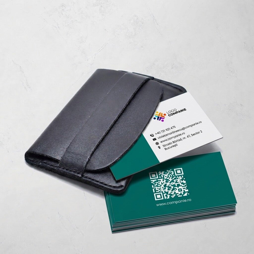 Personalizované papírové vizitky, design s barevným pruhem, logem a QR kódem