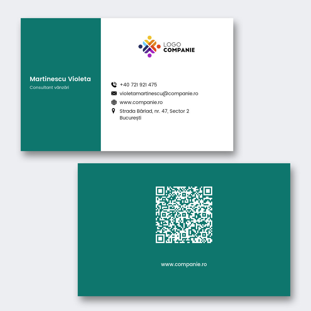Personalizované papírové vizitky, design s barevným pruhem, logem a QR kódem