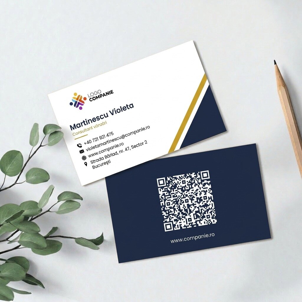 Personalizované papírové vizitky, geometrický design, logo a QR kód