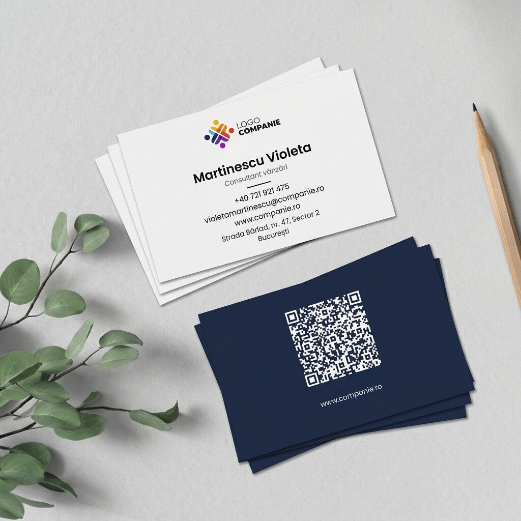 Personalizované papírové vizitky, minimalistický design, logo a QR kód