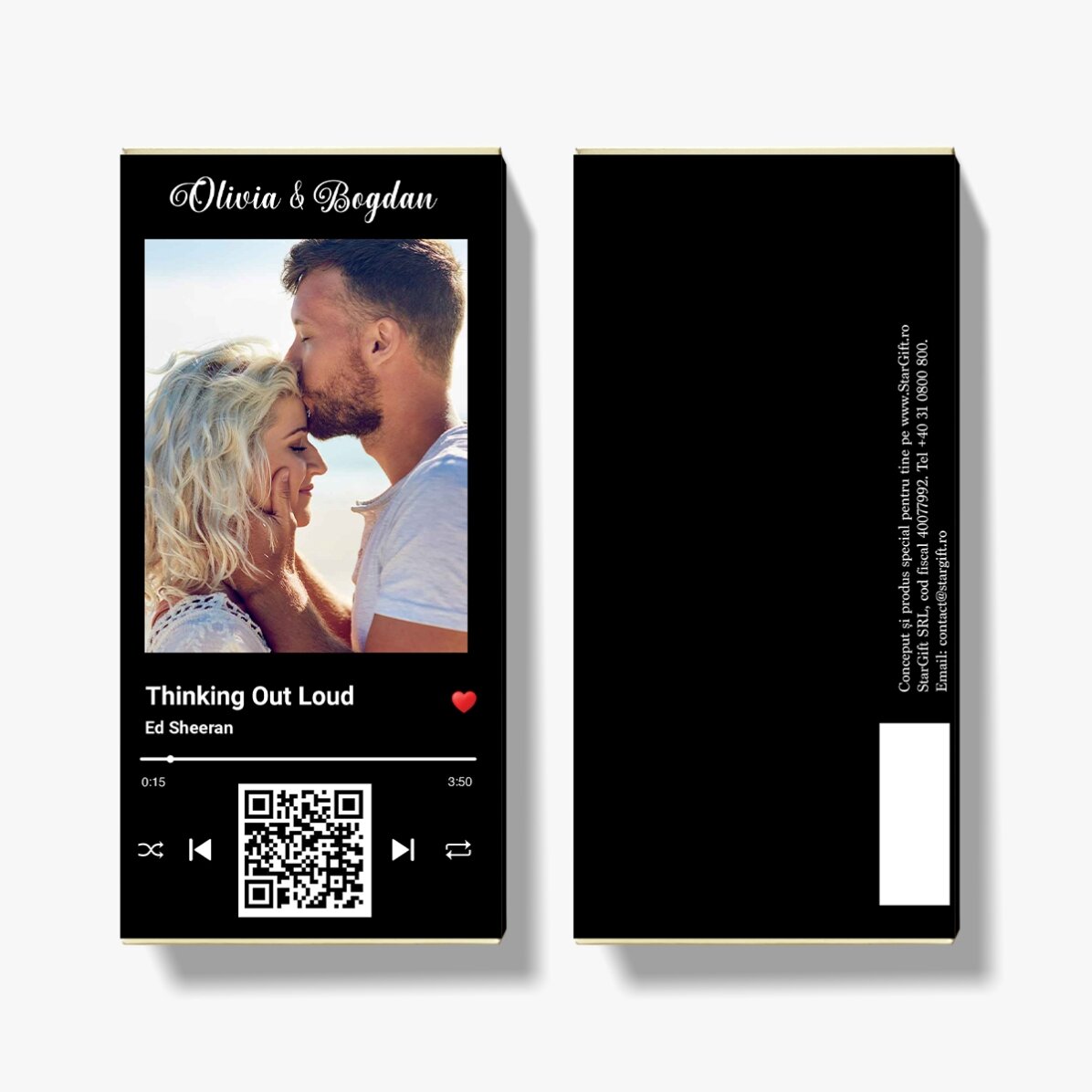 Čokoláda s vlastní fotografií, textem a QR kódem – Naše píseň