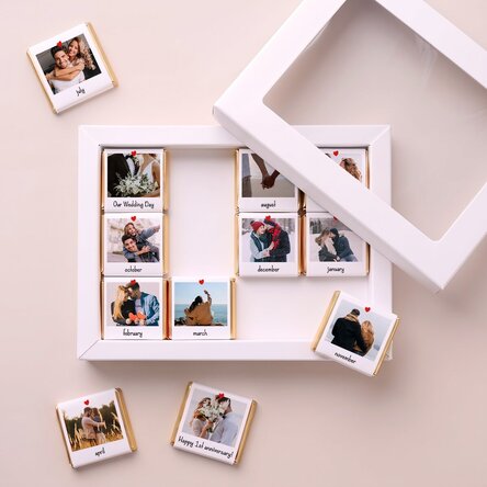 Dárková krabička s 12 mini čokoládkami s osobními fotografiemi a vzkazy – Our Story