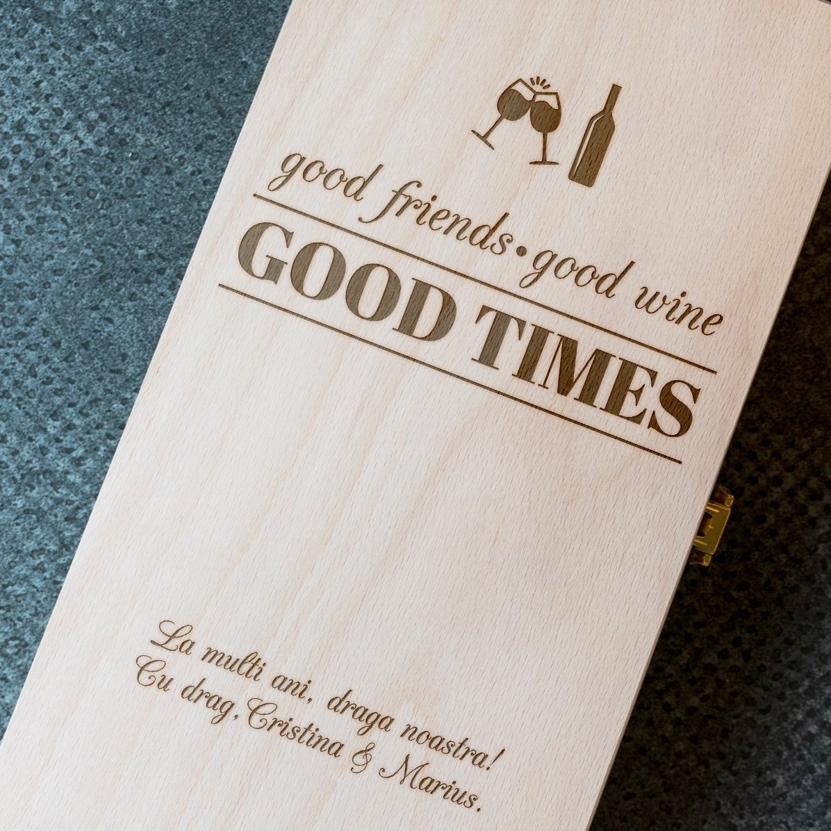 Personalizovaná krabička na víno pro dvě láhve – Good Friends, Good Wine, Good Times