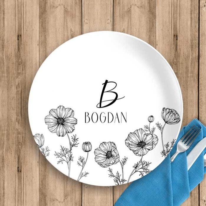 Personalizovaný talíř s iniciálou a textem – Flowers