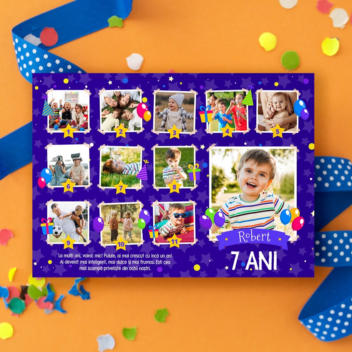 Personalizované magnetické přání s 12 fotkami a vzkazem pro děti – Narozeniny