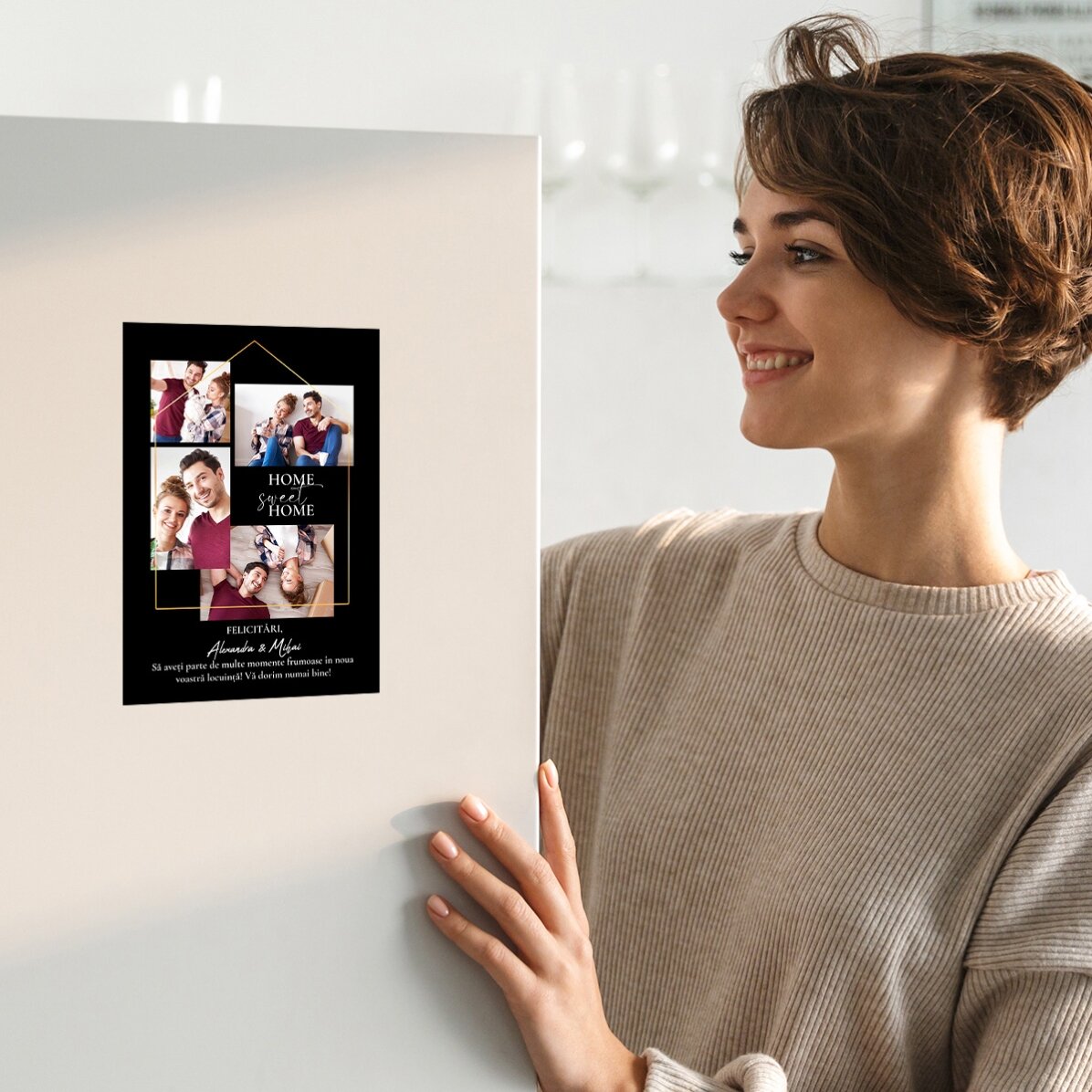 Personalizované magnetické přání se 4 fotografiemi a textem k novému bydlení
