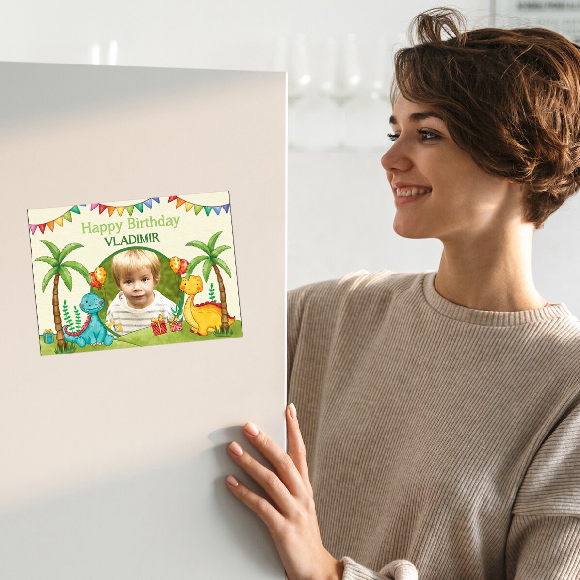 Personalizované magnetické přání s fotografií a vzkazem pro děti – Dinosaury