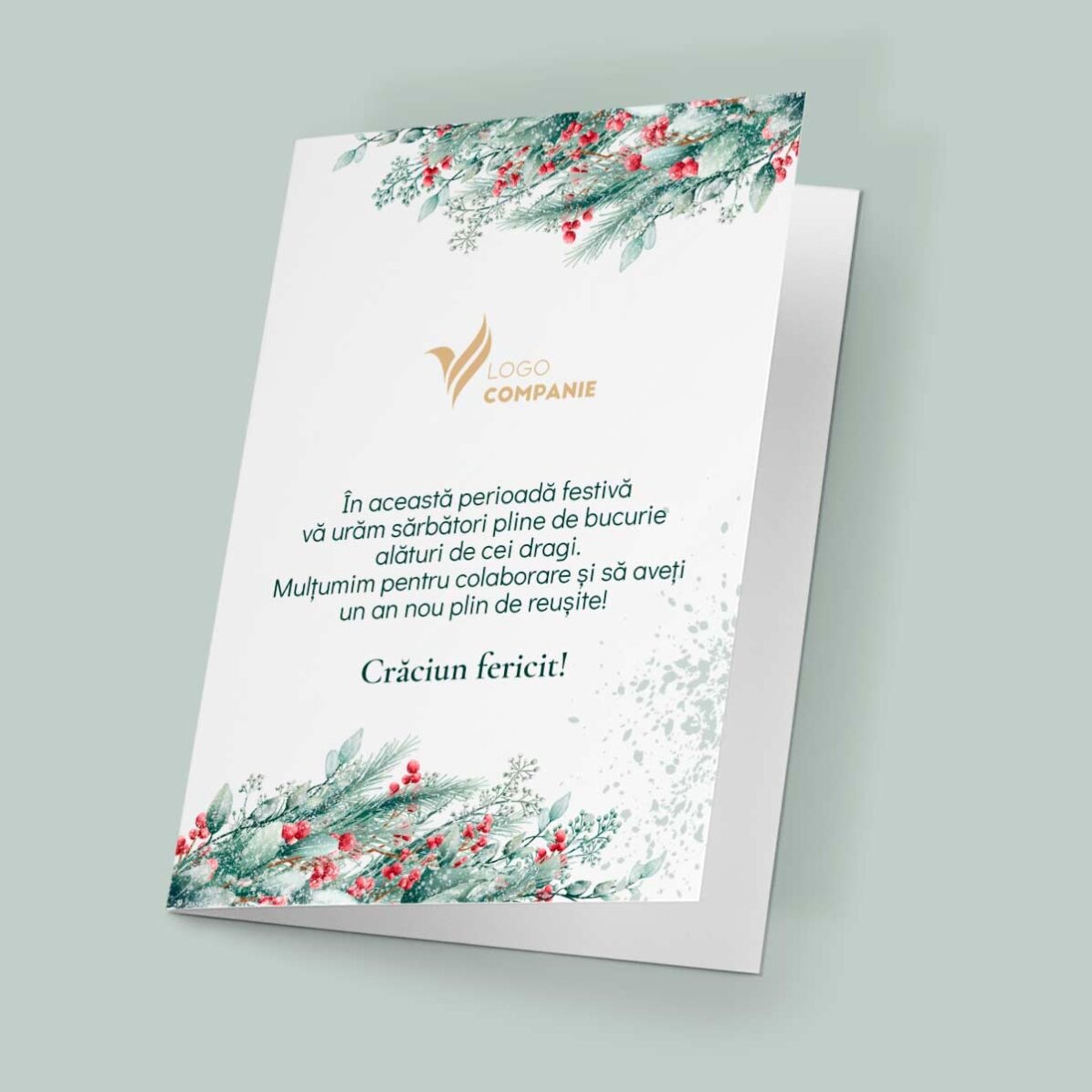 Personalizované přání, přední a zadní strana s textem a logem – Veselé Vánoce!
