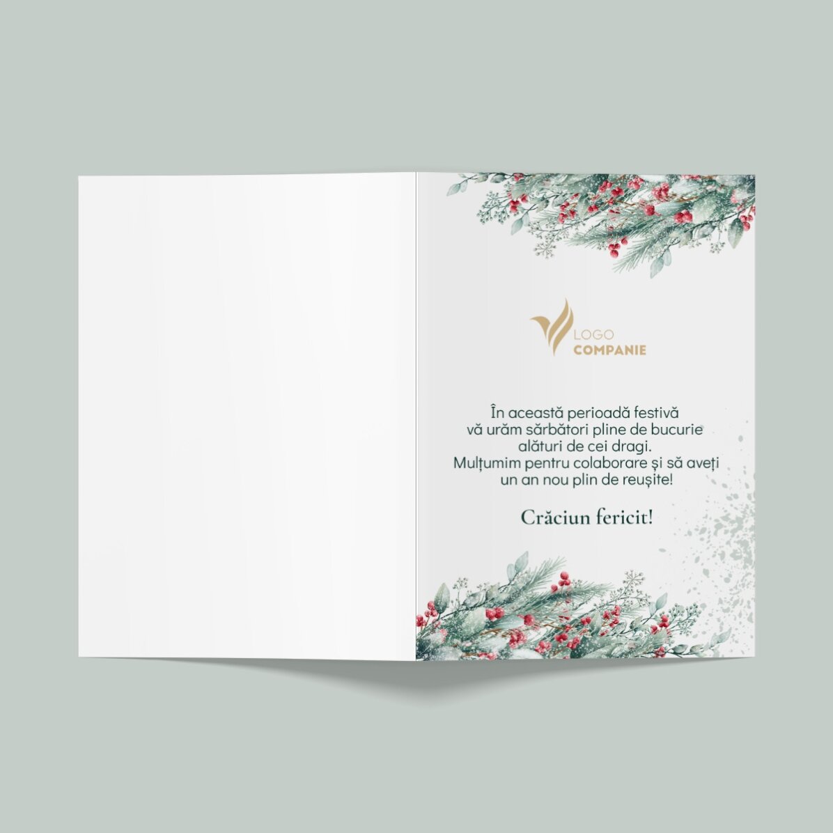 Personalizované přání, přední a zadní strana s textem a logem – Veselé Vánoce!