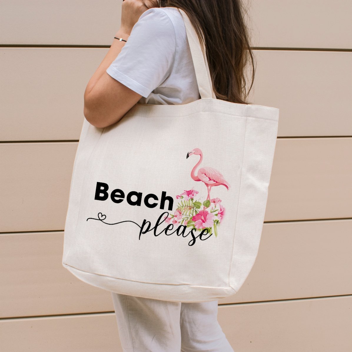 Plážová taška s vlastním textem – model „Beach please“ s motivem plameňáka