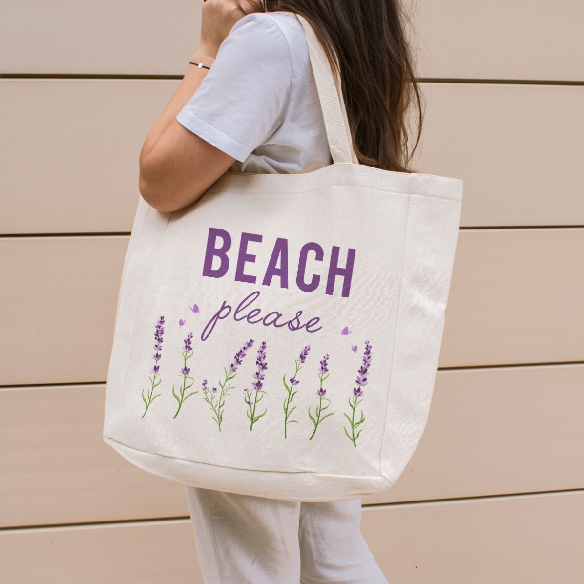 Plážová taška s vlastním textem – model „Beach please“ v barvě levandule